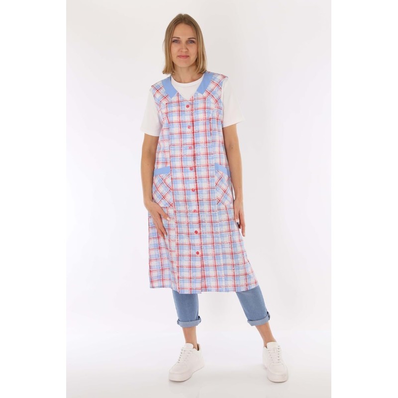 Schuerzenfabrik Button Gown Women's Mixed Fabric Checked Apron Sleeveless Cooking