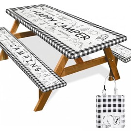 Picnic Table Cover with Bench Covers Elastic Edges Outdoor Camping Essentials 4 Pcs Plaid Waterproof Oil-Proof Tablecloth with Handbag for RV Accessories Farmhouse Camping Rustic Party Decor 72 IN