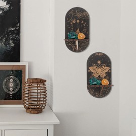 3 Pieces Wooden Crystal Shelf Wall Mounted Crystal Stand Essential Oils Moon Phase Shelf Moon Sun Healing Stones Holder Boho Shelf Decor for Living Room
