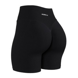 AUROLA Impresionante colección de pantalones cortos de entrenamiento para mujer, cintura alta, costura en forma de V, gimnasio, logotipo en relieve, pantalones cortos de fitness, Negro -, Large