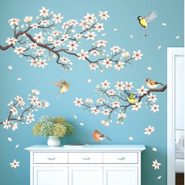 DECOWALL SG2-2304 White Cherry Blossom Branch Wall Stickers Flower Birds Wall Decals Bedroom Living Room TV DIY Wall Home Décor