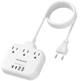 European Travel Plug Adapter, US to Europe Plug Adapter with 3 Outlets & 4 USB(2 USB-C), 5ft European Power Cord, International Power Strip, Type C for Europe EU Germany France, Travel, White