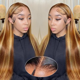 GUDOZO 30 Inch 9x6 Highlight Ombre Straight Lace Front Wigs Human Hair Pre Plucked 4/27 Colored Glueless Wigs Honey Blonde Brazilian Lace Frontal Wigs Human Hair for black Women with Baby Hair