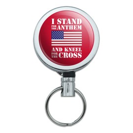 I Stand for The Flag Kneel Cross USA American Flag Patriotic Heavy Duty Metal Retractable Reel ID Badge Key Card Tag Holder with Belt Clip