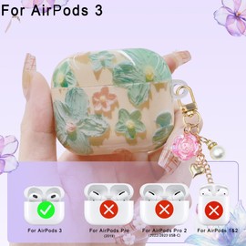 Oil Retro Painting Flower Cover for AirPods 3 Case 3st Generation Case 2021, Flower Pendant, Colorful Soft Full Protective Accessories Set for AirPods Gen3 Case for Girls Women Pink Green Cute