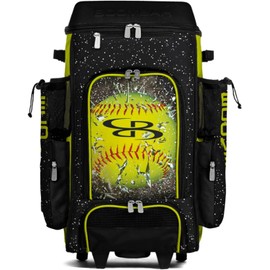 Boombah DEFCON Superpack Rolling Bat Bag - Telescopic Handle and Holds 4 Bats - Wheeled Version - Softball Highlight Black/Optic Yellow/Red