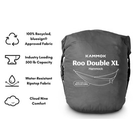 KAMMOK: Roo Double XL Hammock | Made from Strong & 100% Recycled Water Resistant Ripstop Fabric | Comfortable, Packable, Lightweight (Lifetime Adventure Grade Warranty), Granite Gray