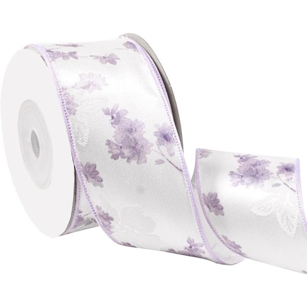 CABODYALS 10 Yards 1.5 Inch Purple Floral Wired Ribbon Flower