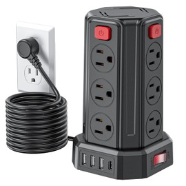 SMALLRT Torre Regleta Multicontacto Pared con 1700J Protector contra Sobretensión, Extension Electrica 3.04M, Conector Multiple con 12 Enchufes y 4 Puertos USB (1 USB C), Hogar Dorm Oficina, Negro