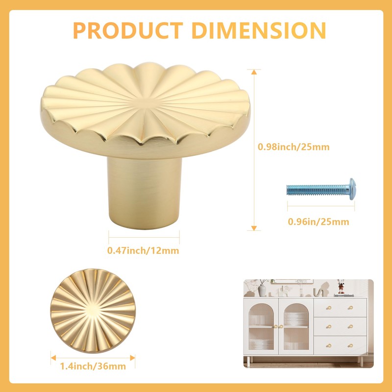 Gelewuld Round Cabinet Knobs, 6 Pcs Drawer Knobs, Kitchen Gold