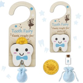 Tooth Fairy Tooth Bag, Tooth Fairy Door Hanger with Tooth Fairy Coin, Money Slot, Keepsake Bottle, Velvet Pouch, Tooth Fairy Box - Encouragement Gift for Boys and Girls Losing Teeth