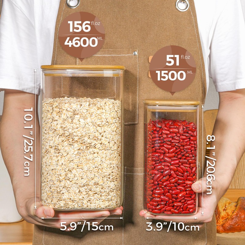 ComSaf Glass Pantry Storage Containers, 156/51 oz Large Square Flour