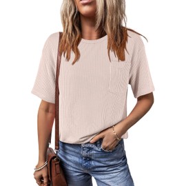 ANRABESS Womens Short Sleeve Tops Crewneck Summer Casual Ribbed Knitted T Shirts Khaki X-Large