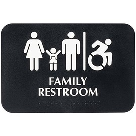 Family / Handicap Accessible Restroom Sign with Braille, Toilet Door Plate for Business Restaurant - Black and White, 9" x 6"