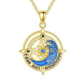 VONALA Compass Necklace Sterling Silver Cubic Zirconial Plated with Gold Pendant Necklace for Women Men