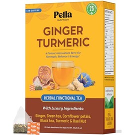 Ginger Turmeric with Black & Green Tea – Blended with Bael Nut & Cornflower Petals – Vegan, Kosher, Non-GMO Low Caffeine – Hot or Iced Herbal Drink for Healthy Digestion & Immune Support (25 Tea Bags)