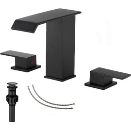 Waterfall Bathroom Faucet Matte Black Widespread GGStudy 3 Holes 2 Handle Black Modern Bathroom Sink Faucet with Pop Up Drain