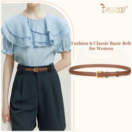 JASGOOD Womens Thin Leather Belt for Jeans Pants Fashion Skinny Faux Leather Belt for Dresses, Brown(Retro Gold Buckle)
