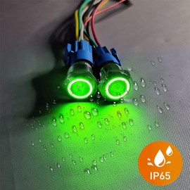 Gebildet 2 Pieces 16 mm Stainless Steel Short-Term Push Buttons 12V-24V 5A LED 1NO1NC SPDT ON Off Waterproof with Socket Plug (Green LED)