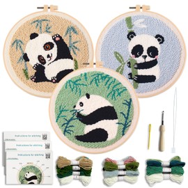 Myfelicity Punch Needle Panda Embroidery Kits, Set of 3, Including Tools Such as Patterned Punching Cloth and Needles