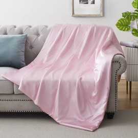 Silk Throw Blanket - Pink Cooling Packable Satin Blanket for Couch, Bed, Camping, Outdoor, Travel, Car - Super Soft Lightweight Cozy Blanket(90'' x 90'', Pink)