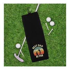 Best Dad by Par Tri-fold Golf Towel with Clip 100% Microfiber Waffle Weave Black White Gift Idea for Golfer Men (Black)