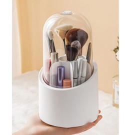 Rotating Cosmetic Brush and Pen Holder Organizer with Transparent Lid White
