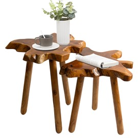 JOLLYMER Natural Teak Wood Live Edge Side Table with Wood Legs – Rustic Side Table for Living Room, Bedroom – Sturdy Real Teak Wood End Table, Easy to Assemble (14"x16"x20" +18"x20"x20")