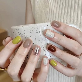 24pcs Short Square Press on Nails Green False Nails Silver White Fake Nails Brown Stick on Nails Removable Glue-on Acrylic Nail Tips Accessories for Women