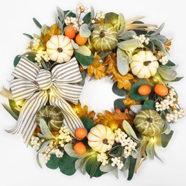 20'' Fall Wreath with Lights, Eucalyptus Pumpkins Autumn Wreaths for Front Door, Fall Decor, Porch Wall, Home Outdoor Holiday Decorations Wreath for Autumn