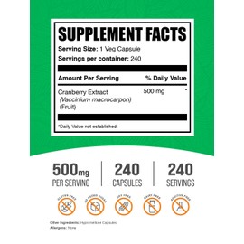 BulkSupplements.com Cranberry Extract Capsules - Cranberry Supplements for Men & Women, Herbal Supplement - Vegan & Gluten Free, 1 Capsule per Serving (500mg), 240 Count (Pack of 1)