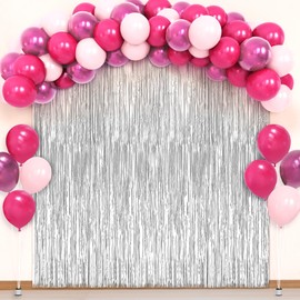 KatchOn, Big Silver Fringe Backdrop Set - 3.2x6.5 Feet, Pack of 52 | Silver Streamer Backdrop and Pink Latex Balloons | Fringe Curtain for Engagement, Disco, Wedding, Anniversary, Birthday Decoration