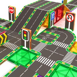 Magnetic Tiles with Road Toppers Set, Kids Toys for 3+ Year Old Boys Girls, Magnet Building Blocks Add-on Road Pack, STEM Construction Toys for Ages 5-7 4-8 Christmas Birthday Gifts for Toddlers 64PCS