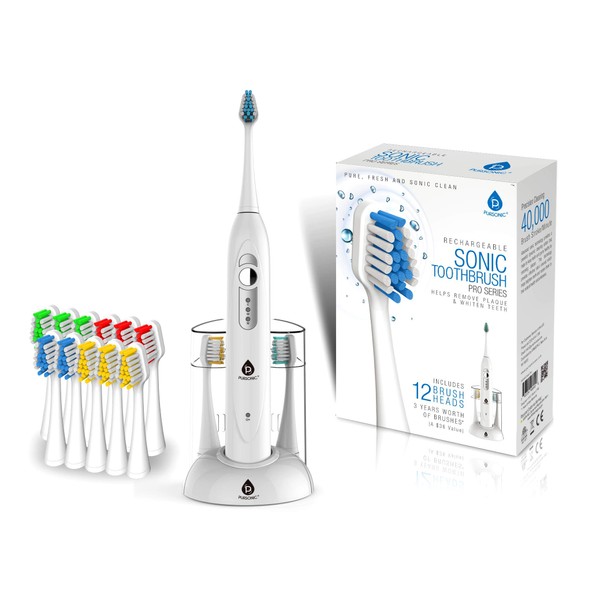 Pursonic S430 SmartSeries Electronic Power Rechargeable Sonic Toothbrush with 40,000 Strokes Per Minute, 12 Brush Heads Included (White)