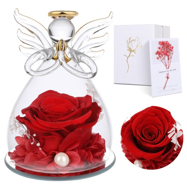 Gifts for Mum, Mother's Day Gift for Her, Eternal Rose in Angel Glass Dome, Infinity Roses Preserved Flowers, Handmade, Glass Angel Figurine, Gift for Women, Mother, Grandma, Grandmother
