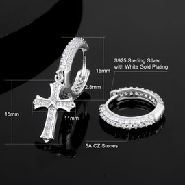 KRKC Cross Earrings for Men, Sterling Silver Earrings, White Gold Dangle Earrings, Hypoallergenic Urban Street-wear 15mm Round Gold Hoop Hinged Hanging Earrings Style F3