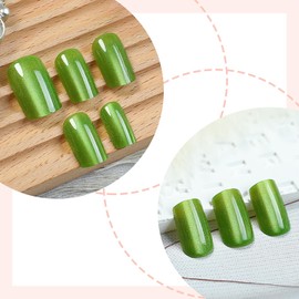 Green Press on Nails - Cat Eye Fake Nails | Glitter False Nails with Magnetic Effect | Short Square Acrylic Nails with Jelly Glue,Stick on Nails for Women Girls | 12 Size-24Pcs
