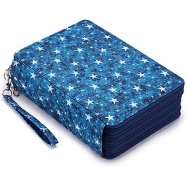 Miners2000 200 Slots Colored Pencil Organizer - Deluxe PU Leather Pencil Case Holder with Removal Handle Strap Pencil Box Large for Colored Pencils Watercolor Pencils (Blue Star)