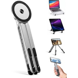 4-in-1 Foldable Laptop Stand & Magnetic Phone Holder, Silver Aerospace Aluminum Portable Desk Mount with N52 MagSafe Compatible Tripod Handle for MacBook