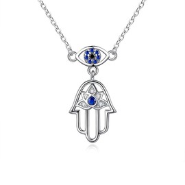 PAENENPH Solid 18K White Gold Over 925 Silver Hamsa Hand Pendant Necklace,Round Moissanite and Sapphire Hand of Fatima Protection Necklace,Lucky Jewelry Gift for Women (Style 2, 18K Gold)