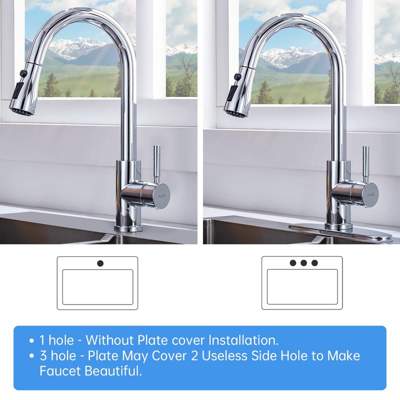 Chrome Kitchen Faucet, Arofa Pull Down 3 Hole Deck Mount