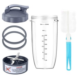 32oz Blender Cups & Blade Replacement Set - Blender Replacement Parts Extractor Blade and 32oz Huge Cup, Flip-Top to-Go Lid, 2 Rubber Gaskets & Cleaning Brush for NutriBullet 600W/900W Blender