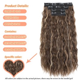 Clip in Hair Extensions, Hair Extensions Clip Ins 18 Inch Synthetic Curly Wavy Hair Extensions Long Thick Clip on Hair Extensions for Women Hairpieces(Brown&Dark mix light brown)