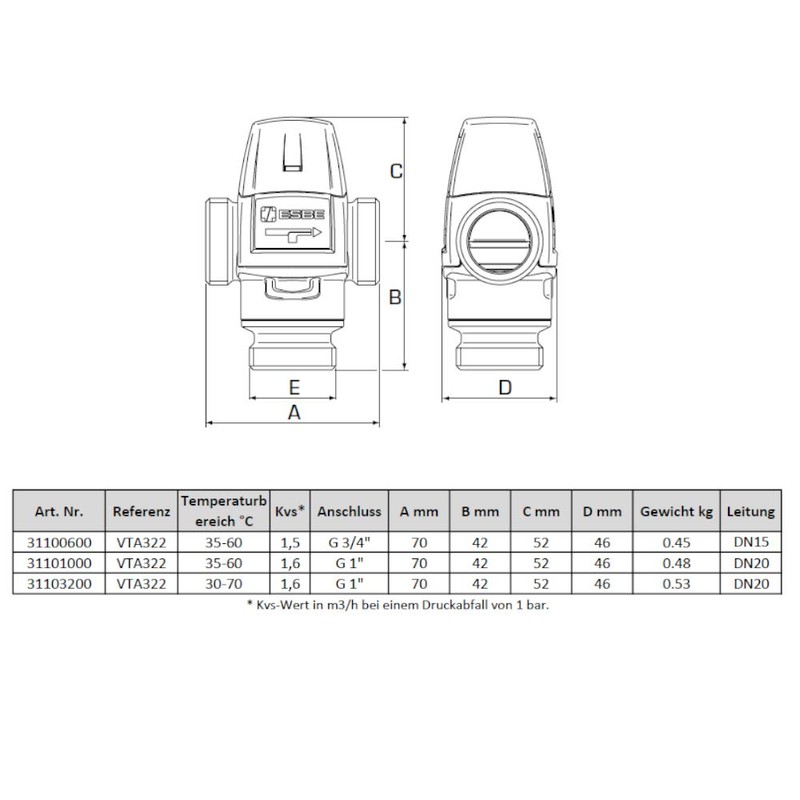 'Mixer Esbe VTA32235-60°C, 3/4Male PN10, Max 95°C 1.5KVS