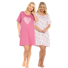 Womens Pack of 2 Short Sleeved 100% Cotton Jersey Nightshirts. Butterfly, Heart, Stag, Bee, Campervan Print Designs (RASPBERRY HEART, 12-14)