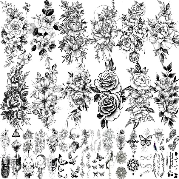 42 Sheets 3D Flowers Temporary Tattoos for Women, Fake Tattoos Body Art Arm Sketch Tattoo Stickers for Women and Girls
