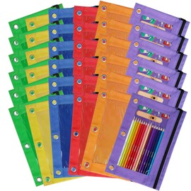 Pencil Pouch for 3 Ring Binder,36 Pack Bulk Pencil Bags,6 Colored Pencil Bags with Zipper, Sturdy and Durable Cloth Pencil Cases with Clear Window for Office and School Supplies