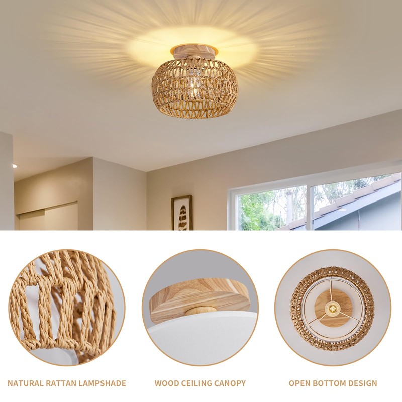 Rattan Ceiling Light Fixture，3 Style Options Boho Flush Mount Ceiling
