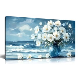 Flower Wall Art for Living Room, Ocean Canvas Wall-Decor for Bedroom, Blue and White Picture Print Artwork for Office, Size 40 x 20 Inches