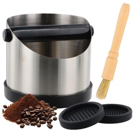 Knock Container, 580 ml Stainless Steel Coffee Knock Box, Silver Coffee Grounds Tee Container, Coffee Grounds Container Accessories for Portafilter, Comes with Cleaning Brush and Non-Slip Mat